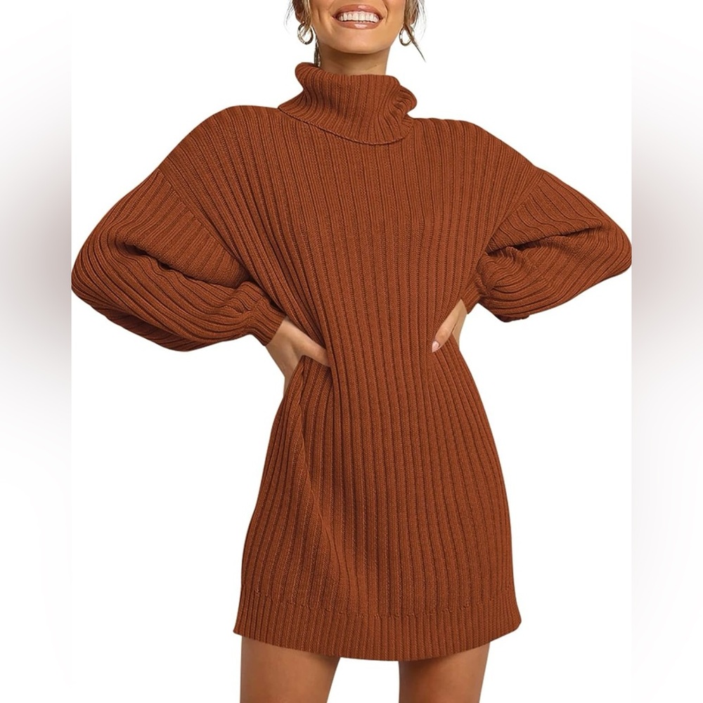 💋Oversized Sweater Turtleneck Batwing Long Sleeve Ribbed Dress